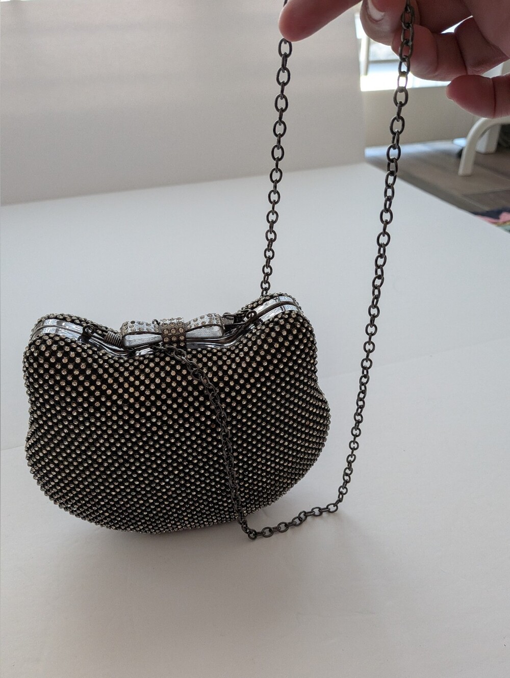 Y2K Rhinestone Kitty Cat Bow Clutch Chain Bag